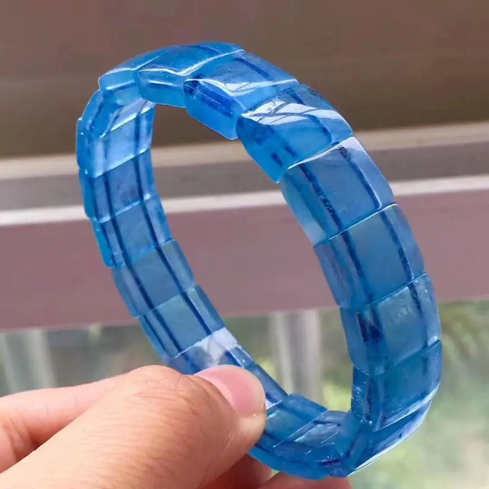 

Natural Ice Aquamarine Blue Stone Women Bracelet 11x8mm Stretch Crystal Clear Rectangle Beads Bracelet Jewelry AAAAA