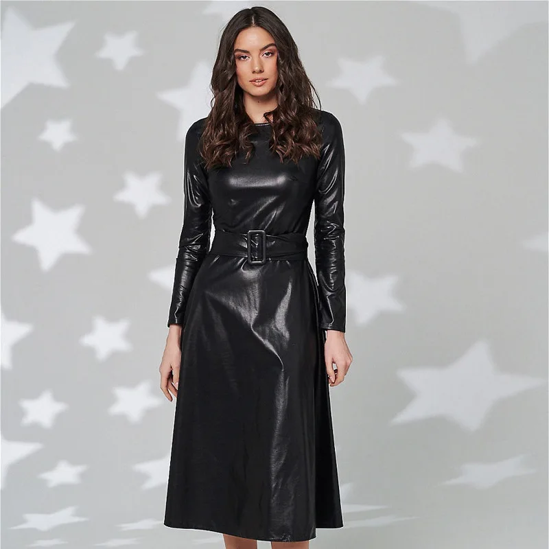 Fashion Belt Faux Leather Dresses Women Long Sleeve Slim Fit PU Dress Sexy Club Wear New Arrival 2021 Autumn Winter