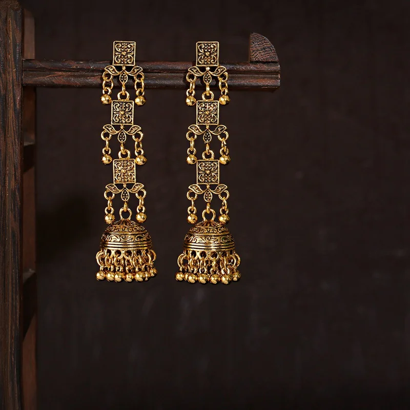 

Retro Women's Gold Color Long Earrings Turkey Bijoux Vintage Bohemia Flower Earrings Ethnic Tribe Indian Jewelry