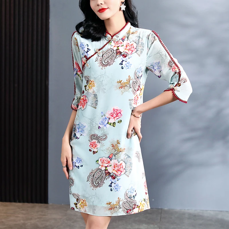 Natural Real Silk Summer Women's Cheongsam Dresses Elegant Mandarin Collar Half Sleeve Chinese Style Lady Floral Print Dress