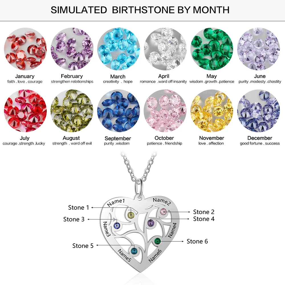 Ожерелье с подвеской в виде дерева жизни 6 камнями по месяцу рождения подвеска из