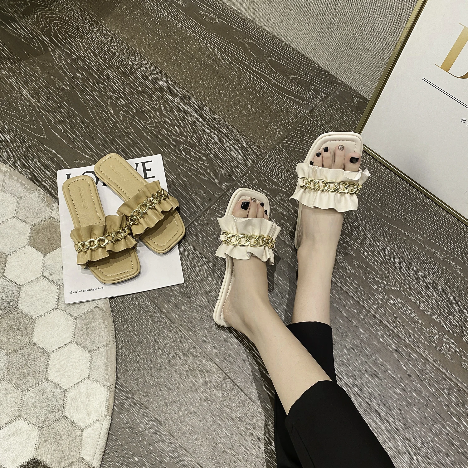 

New Slippers Fashion Bow-Knot Pointed Toe Female Mules Shoes For Women 2021 Flat Heel Slip On Ladies Slides Zapatos De Mujer