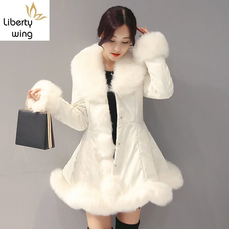 New Fashion Womens Big Faux Collar Leather Mid Long Parkas Winter Female Warm Fur Outwear Beige Coats Clothes