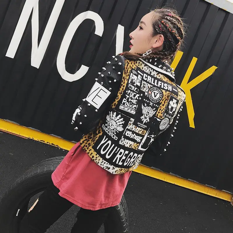 Black leopard PU leather jacket women Punk Style Rivets short coat female Motorcycle jackets with belt enlarge
