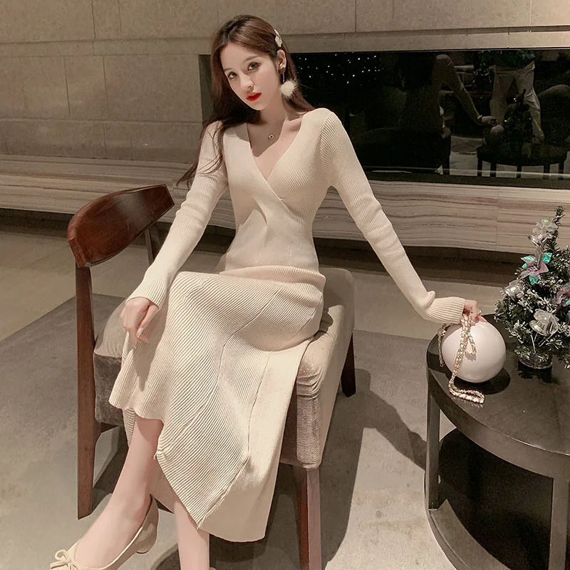 

Vestidos Korean Autumn Winter Sexy Slim temperament knitting Women Dresses 2021 Fashion High waist Long sleeve Midi Office Dress