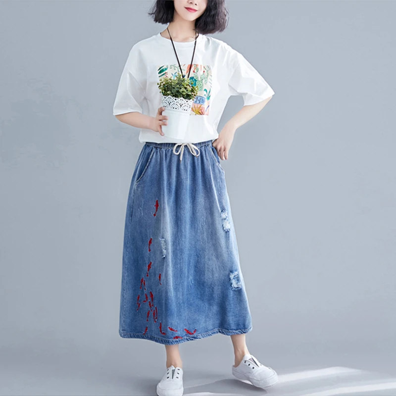 Юбка макси Женская трапециевидная из денима длинная свободная джинсовая юбка с