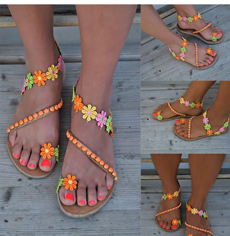 

Women Sandals Bohemia Style Summer Shoes For Women Flat Sandals Beach Shoes 2019 Flowers Flip Flops Plus Size Chaussures Femme