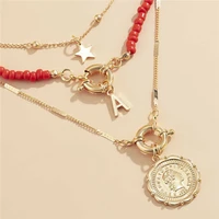 star pendant beaded chokerjewelry letter carved coin red color women 3pcsset