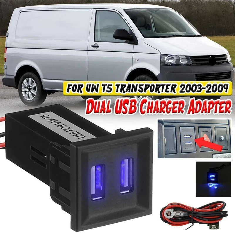 Blue Dual USB Charger Adapter Socket Phone for ASR Dash Blank Switch T5 Transporter 2003-2009 |