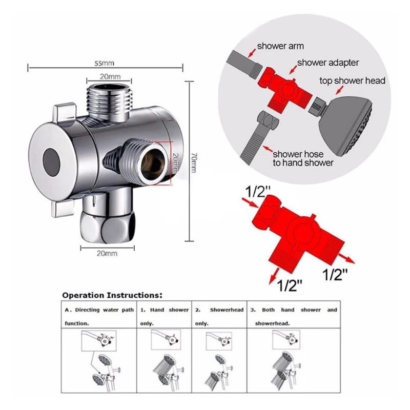 

3-Way T-adapter Diverter Adapter Adjustable Shower Head Arm Mounted Diverter Adapter Bathroom Hardware Accessory