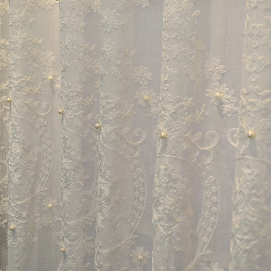 

White Lace Pearl Window Screen Elegant Frendch Style Embroidery Tulle Drapes For Living Room Wedding Home Decor Cortinas ZH040#4