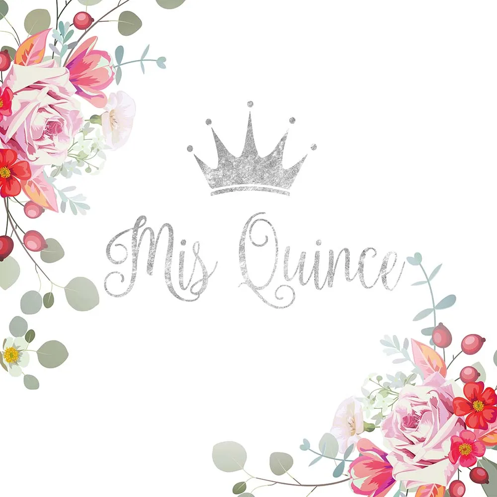 

Photography Backdrop Girl MIS QUINCE Birthday Party Background Silver Writing Floral Frame Banner Photoshoot Portrait Decoration