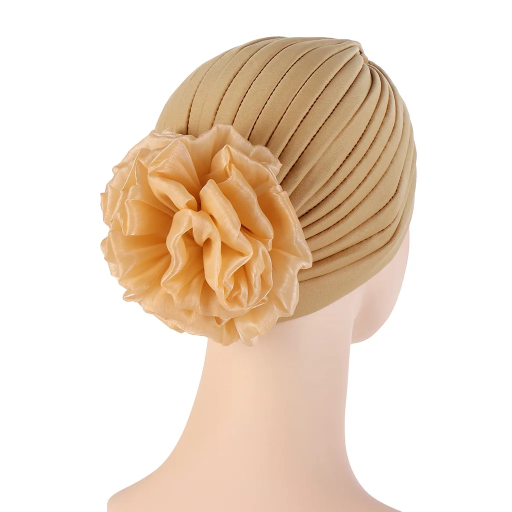 Women Floral India Cap Satin Flower Turban Bonnet Muslim Headwear Hair Loss Hat Stretchy Pleated Head Wraps Turbante Caps