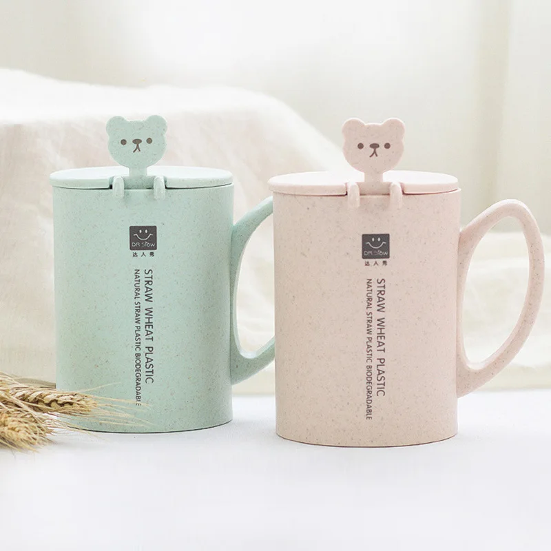 Пластиковая кружка из пшеничной соломы для мужчин и женщин Милая с ложкой ручкой