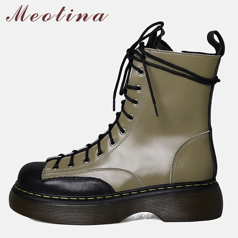 

Женские ботильоны из натуральной кожи Meotina, ботинки на толстом среднем каблуке, на шнуровке, с круглым носком, на молнии, Осень-зима, зеленые, ...