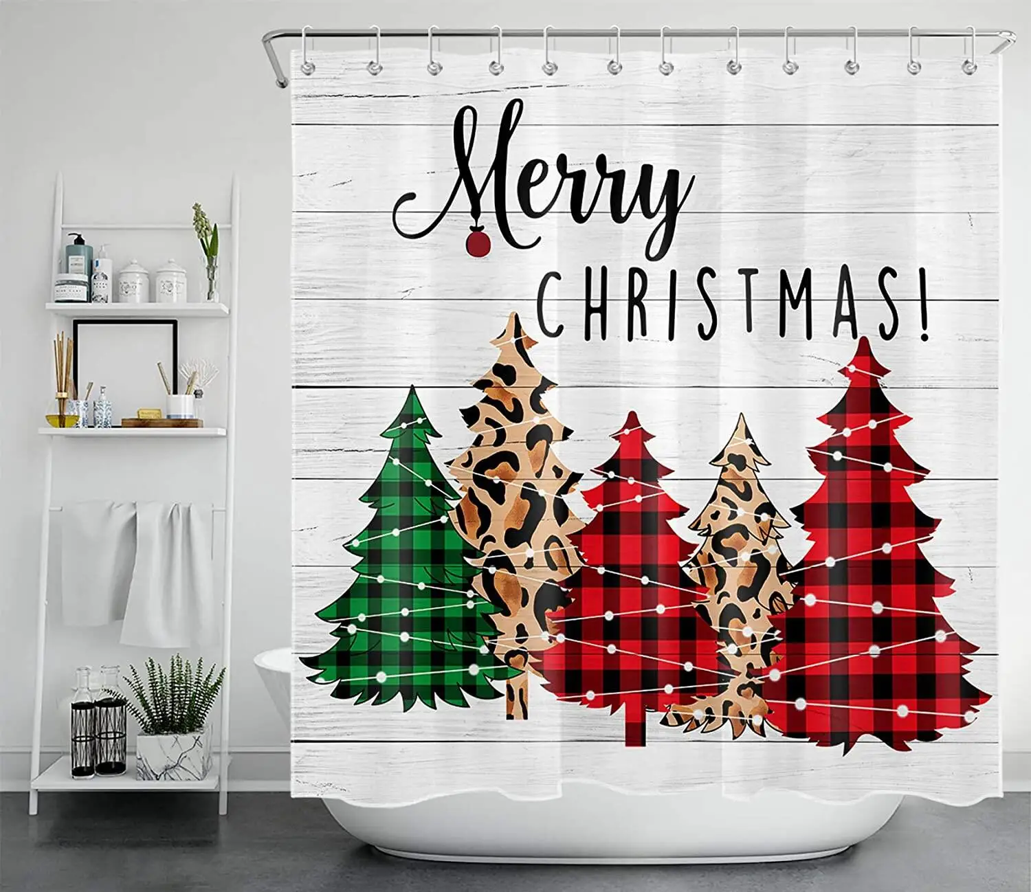 Christmas Trees Leopard Shower Curtains Buffalo Check Plaid Xmas Pine Trees Forest on Rustic Wooden Board Bathroom Curtain