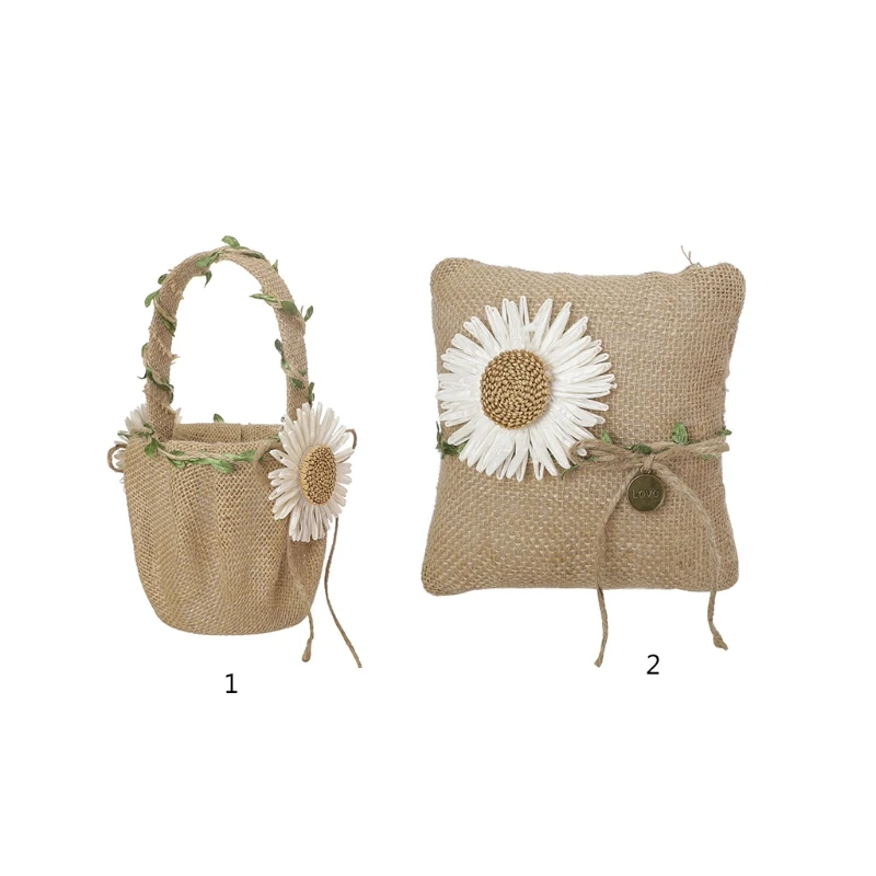 

Natural Burlap Flower Girl Basket Wood Handle For Vintage Rustic Wedding Gift
