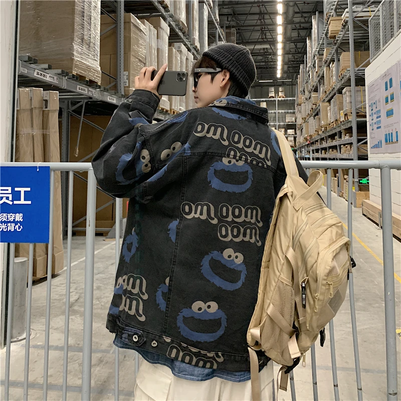 

Plus Size Denim Jacket New Cowgirl Tunic Street Fashion Brand Loose Cartoon Print Work Clothes Jacket 2021 Autumn Cowboy Tops