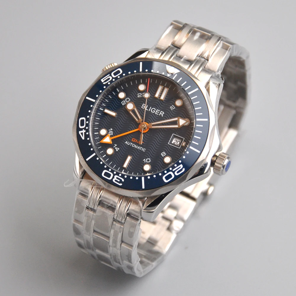 Мужские наручные часы BLIGER 41 мм GMT с сапфировым светящимся синим волнистым узором