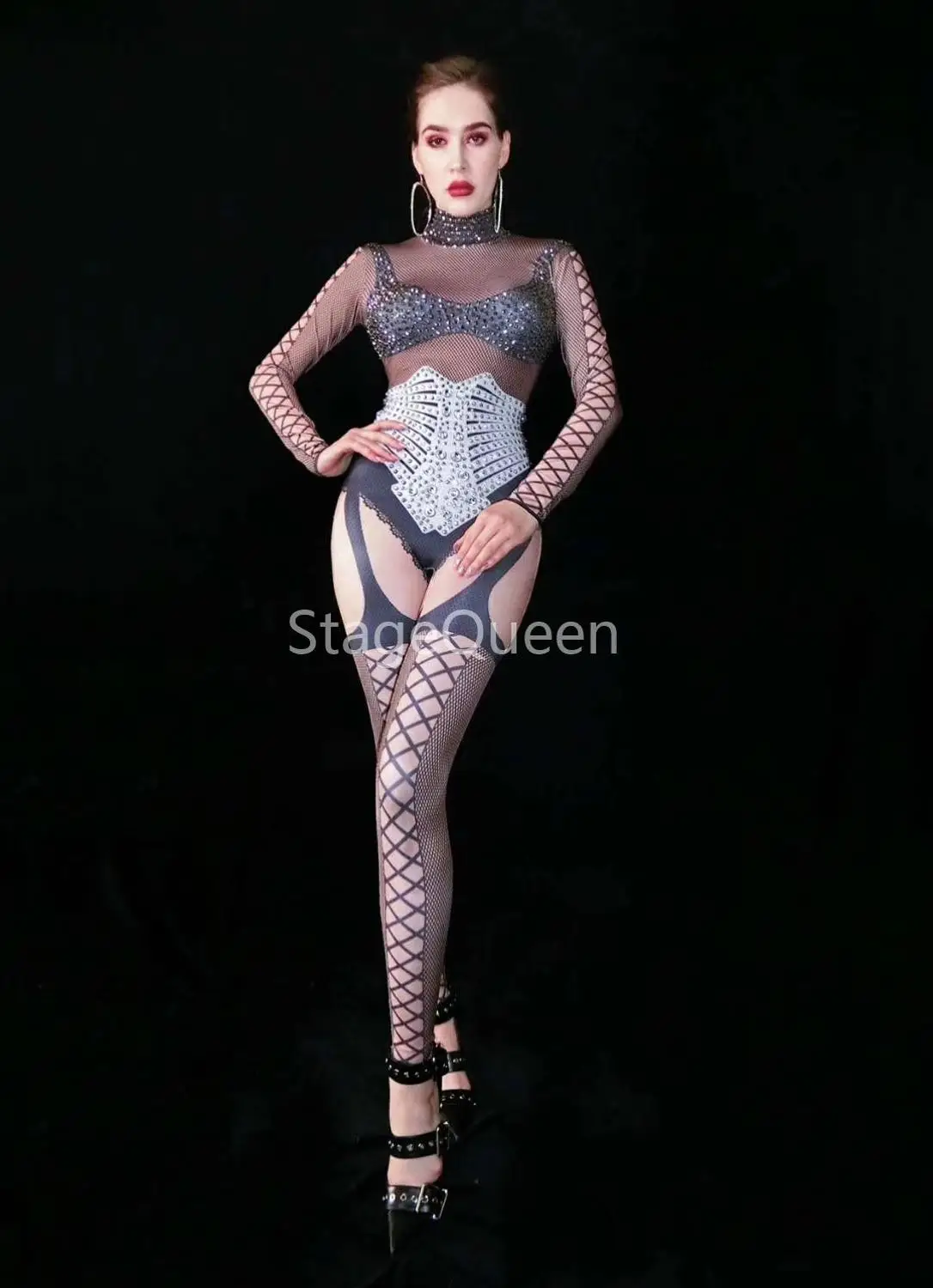 2020 Style Black Silver Rhinestones Bandage Pattern Jumpsuit Women Singer Bodysuit Stage Outfit Dancer Prom Bar Stage Outfit