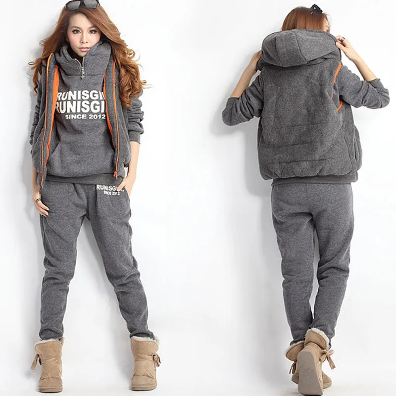 

Женский флисовый спортивный костюм из 3 предметов для фитнеса, толстовки, костюмы, теплые плотные женские повседневные корейские наряды с к...