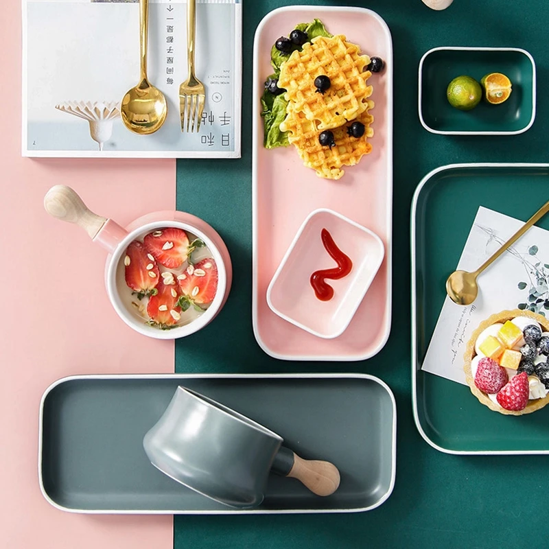 

Nordic Tableware Ceramic Plate and Household Ceramic Bowl with Wooden Handle Kitchen Dining SteakDessert Dishes Bowl Household