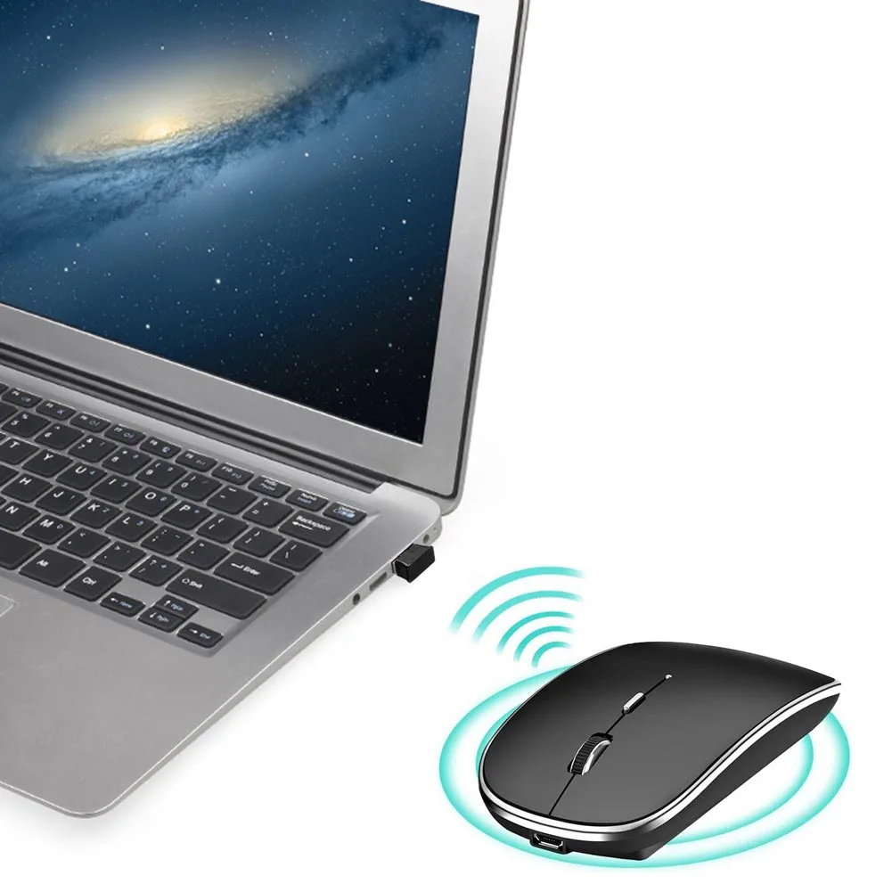 

2.4GHz Wireless Mouse Adjustable DPI Rechargeable Ergonomic Silent Click Optical Mice with USB Receiver + USB Type C Adapter