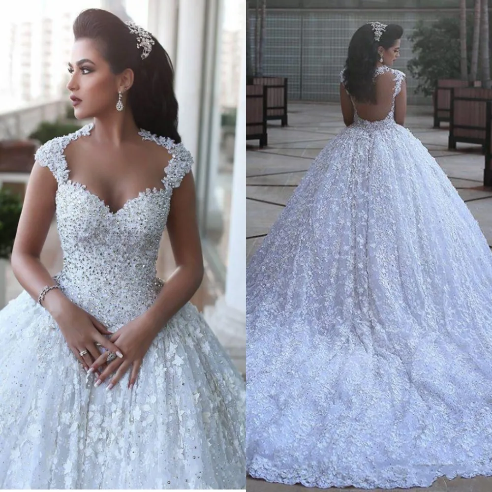 

Luxury Arabic Wedding Dresses Said Mahamaid Capped Sleeves Open Back Sequins Lace Ball Gown Bridal Dress Vestidos De Noiva