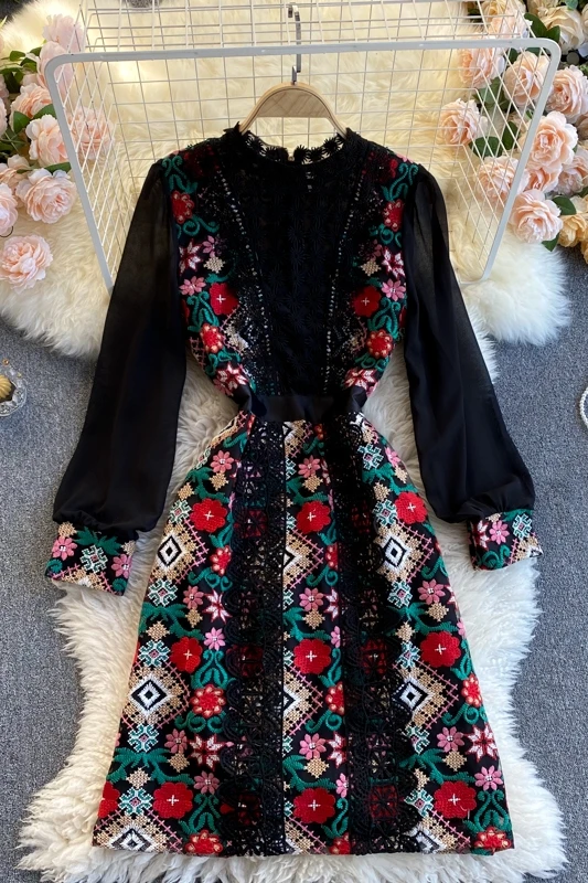 

Women's Elegant Floral Embroidery Lace Chiffon Midi Dress 2021 Spring Autumn Long Sleeve A-line Party Evening Dress For Women