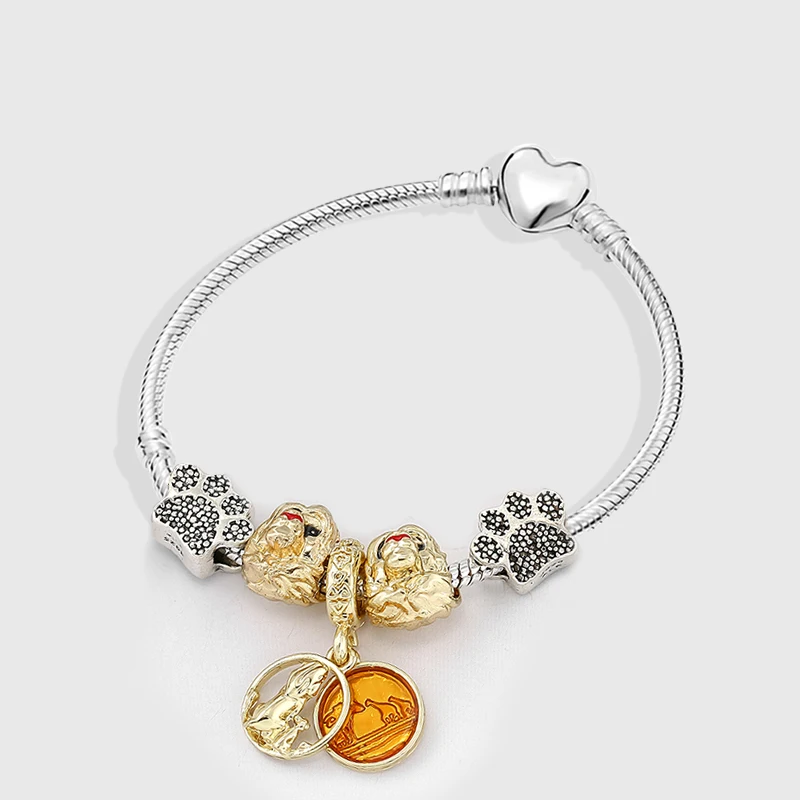 

Seialoy New Simple Animal Beads Silver Color Heart-shaped Charm Bracelet For Women Snake Chain DIY Exquisite Girl Bangle Jewelry