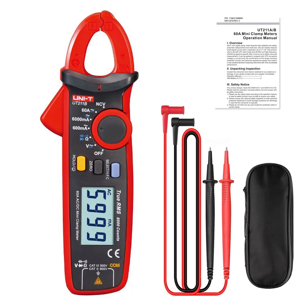 

UNI-T UT211B Mini Clamp Meter True RMS Multimeter Resolution 0.1mA AC DC 60A Current NCV Capacitor Diode Ohm Tester