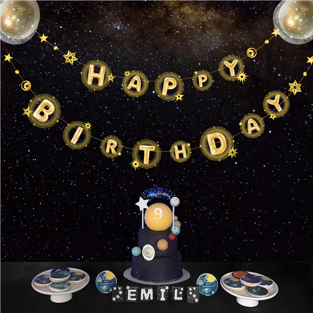 

Transparent PVC Gold Starry Sky Star Happy Birthday Banners for Kids Astronaut Themed Birthday Party Clear Bubble Decorations