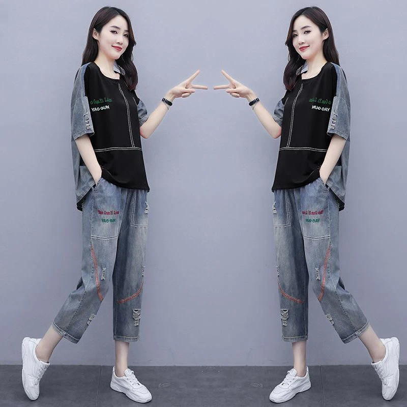 

Blue Denim Suit 2020 New Summer Two-piece Suit For Women Casual Topand Jeans Temperament Slim Reducing Stitching 2 Piece Suit