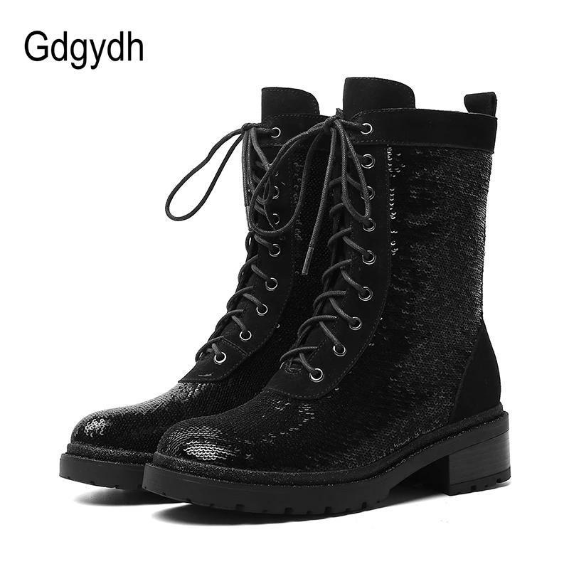Женские сапоги до середины икры Gdgydh черные на платформе и каблуке с круглым