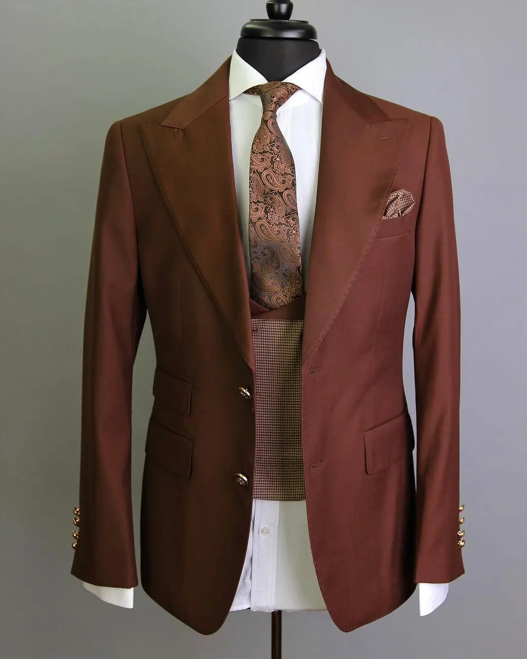 

(Jacket+Vest) Fashion Streetwear Brown Slim Fit Blazer Peak Lapel Wedding Man Suit 2 Piece Formal Man Blazer Custom Made