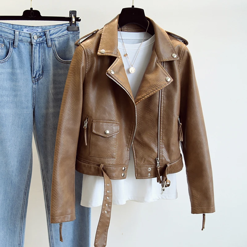 

Ailegogo 2021 Spring Autumn Women Faux Leather Jacket Streetwear Khaki Leather Coat Biker Moto Jacket with Belt Female Outerwear