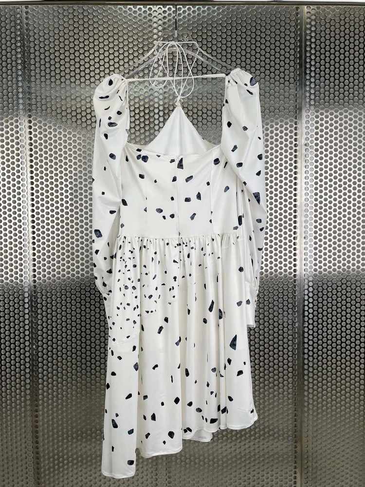 

White Spots Print Irregular Dress 2021 Fall Women's Clothing Vintage Strapless Drawstring Halter Halter Slim Polka Dot Dresses