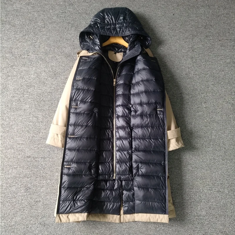 Женский двубортный пуховик с капюшоном длинная парка на белом утином пуху поясом