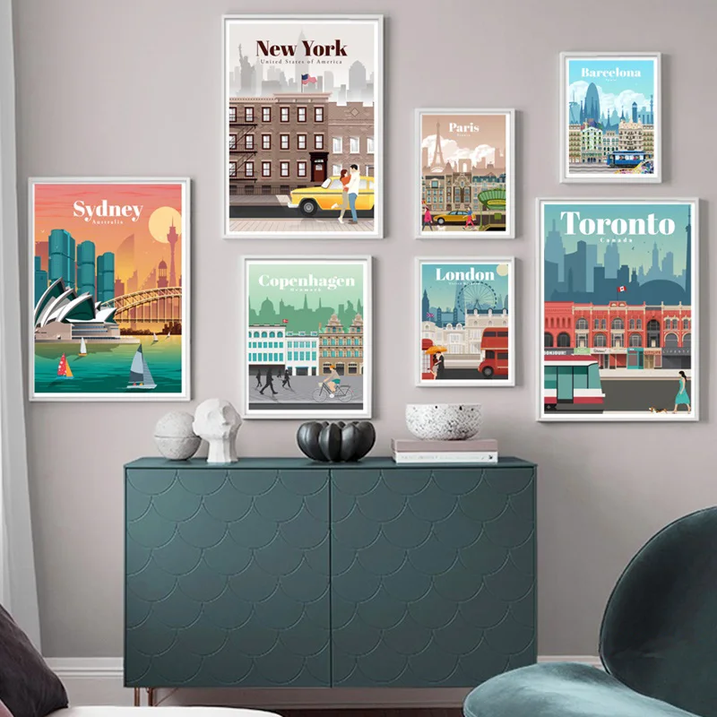 

Wall Art Canvas Painting London New York Paris Spain Vintage Travel Cities Landscape Posters and Prints Picture Room Home Decor
