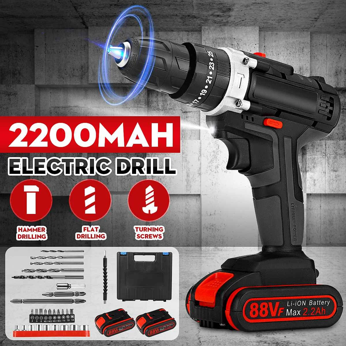 

88VF Electric Drill Impact Drill Cordless Screwdriver Lithium Battery Cordless Drill Wrench Wireless Electric Drill Set For Home