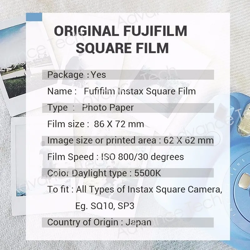Оригинальная квадратная мгновенная белая пленка Fujifilm Instax 10 листов для камер Fuji