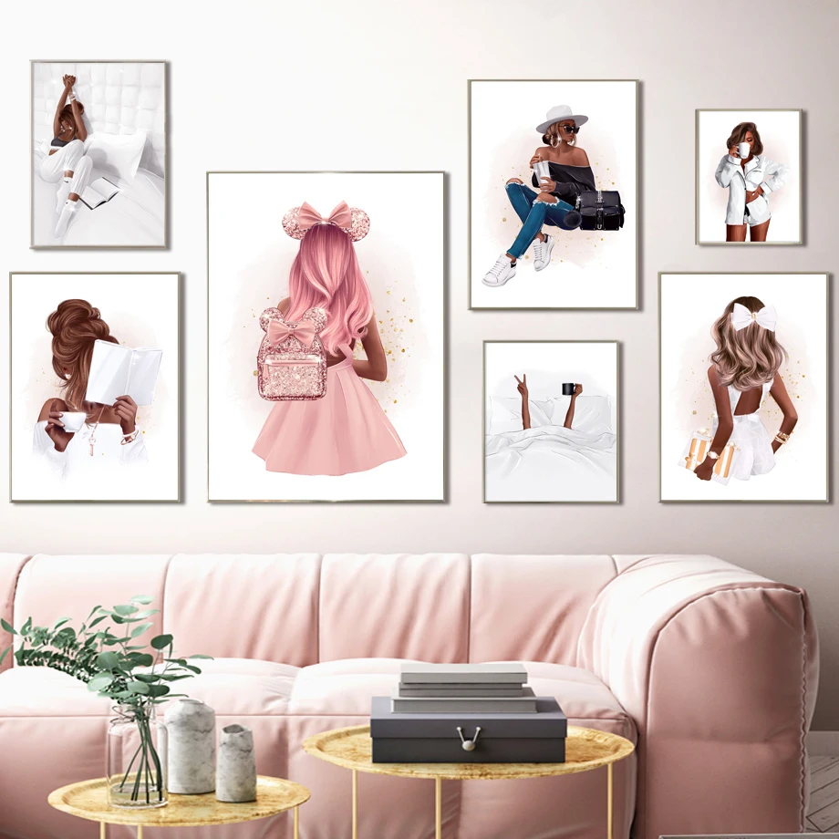 

Fashion Black Girl Bag Coffee Illustration Wall Art Canvas Painting Posters And Prints Home Pictures For Elegant Room Aesthetics