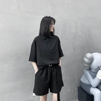 summer style womens black short sleeved square collar turtleneck t shirt and strappy loose shorts casual two piece set