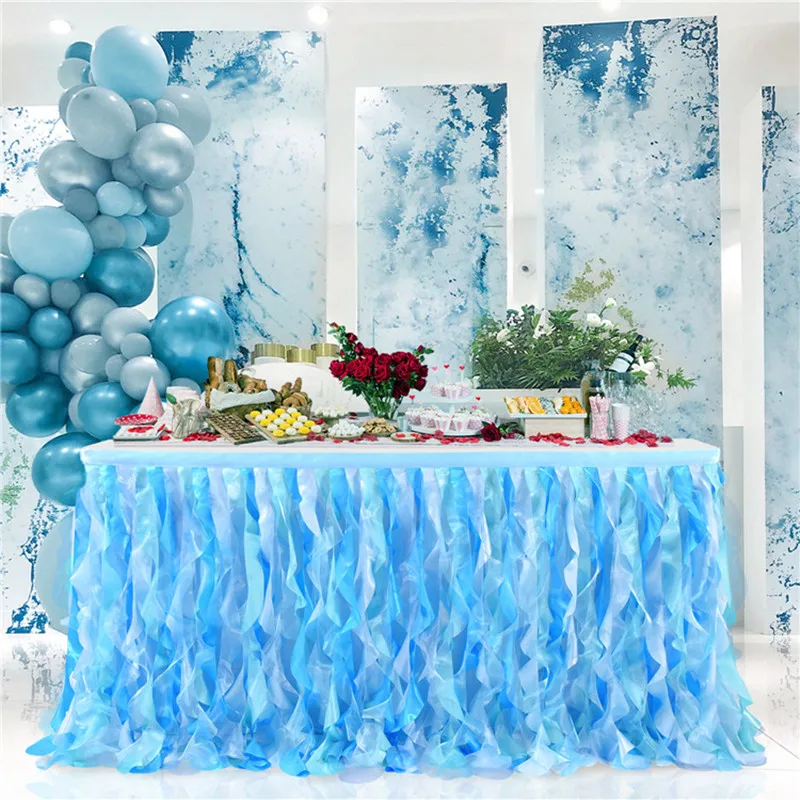 6FT Wavy Tulle Tutu Table Skirt Cover Unicorn Mermaid Tableware Cloth For Baby Shower Birthday Banquet Wedding Party Decoration