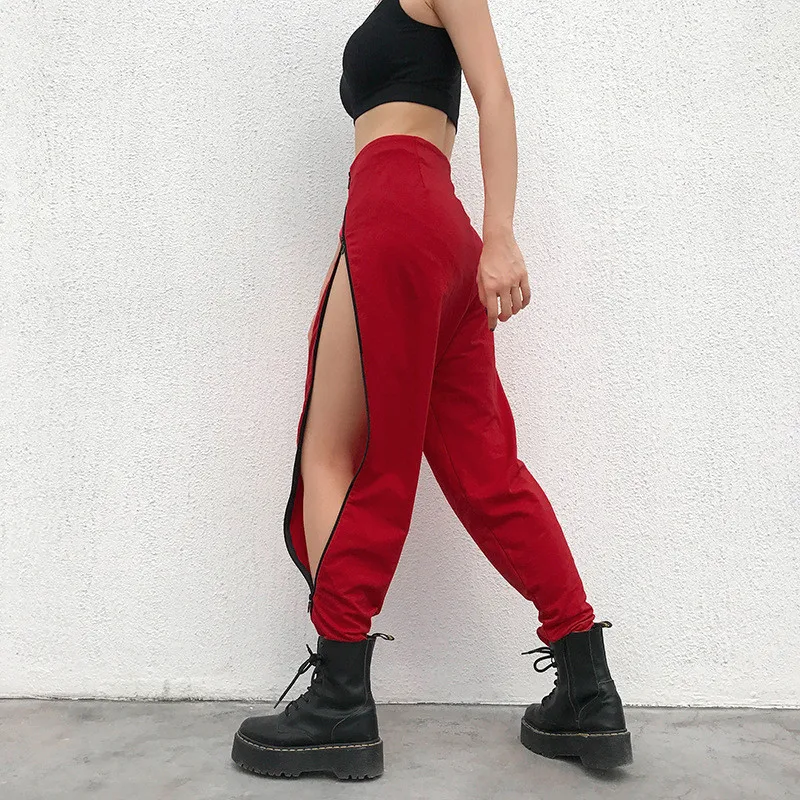 Повседневные штаны шаровары красного и черного цвета для женщин на молнии с