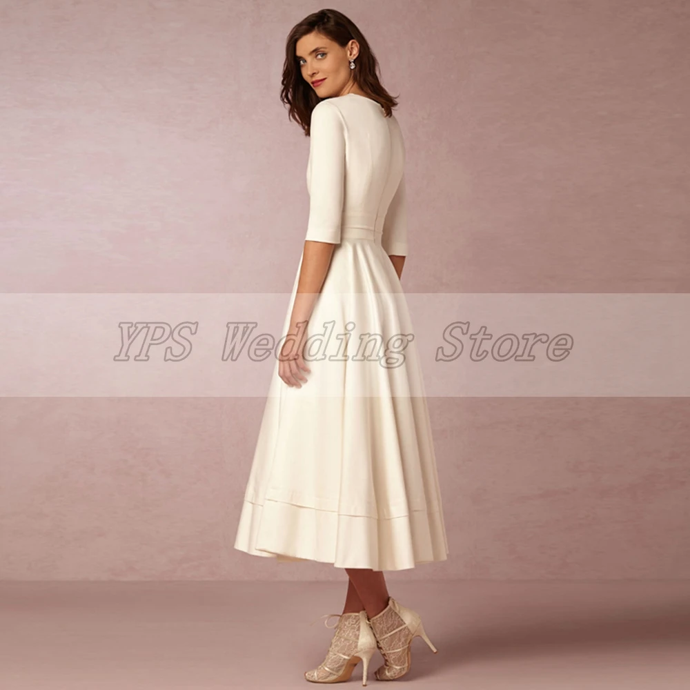 

Weilinsha Tea Length Half Sleeve V-Neck Evening Dress 2021 Elegant A-Line Jersey Zipper Back Prom Party Gowns with Pockets