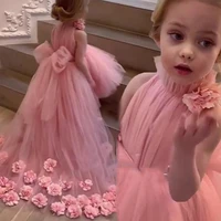 new pink 3d flower girl dresses wedding party dress high neck sleeves sexy children images pageant dresses ball gown comunion