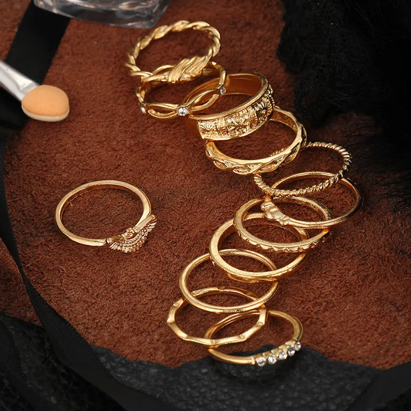 

New Women 12 Pcs/set Diamond Engraved Rings Set Fashion Jewelry
