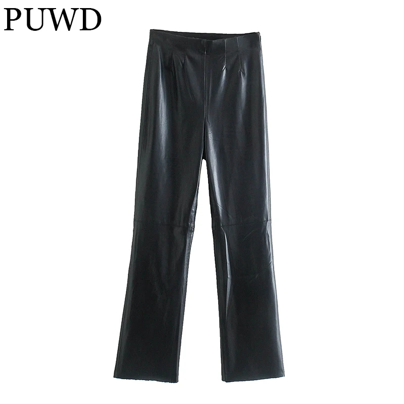 

PUWD Retro Women Artificial Leather Small Horn Leggings 2021Autumn Winter Casual High Waist Streetwear Slim Female Chic Trousers