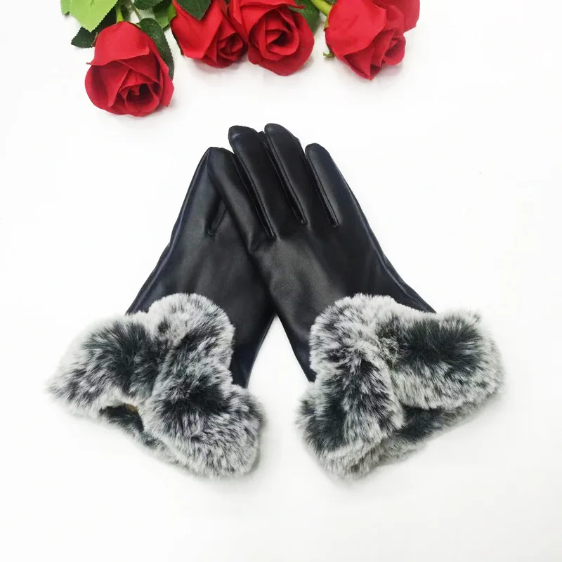 Женские черные перчатки из овечьей кожи осенне зимние теплые меховые варежки